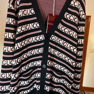Men's Gucci logo, cotton jacquard cardigan, ink, white, blue, sweater size XXL